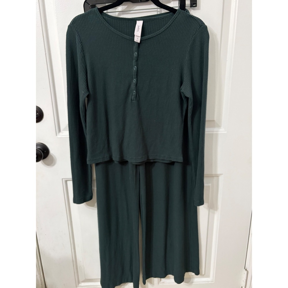 Auden | Ribbed Henley Top & Wide Leg Pants Lounge Set | M/L || Dark Green|